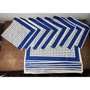 NOS 16 Pc Total (8x8) Vtg Irish Linen Table Set Blue White Mod Decor Core Napkin